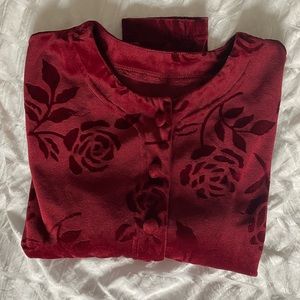 Vintage red velvet long sleeve cropped button up blouse with rose detailing